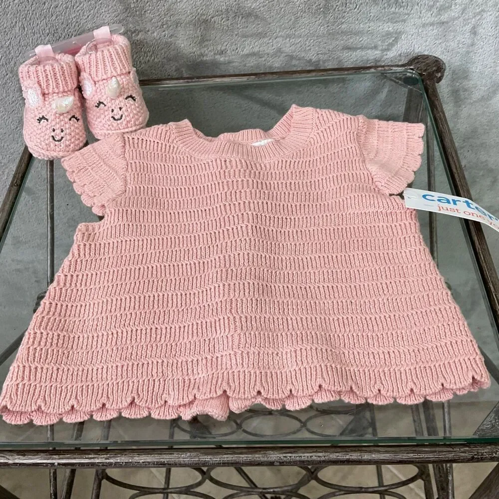 NWT Carter's Baby Girls' Newborn Pink Unicorn Knit  Cotton Booties & top 2pc set